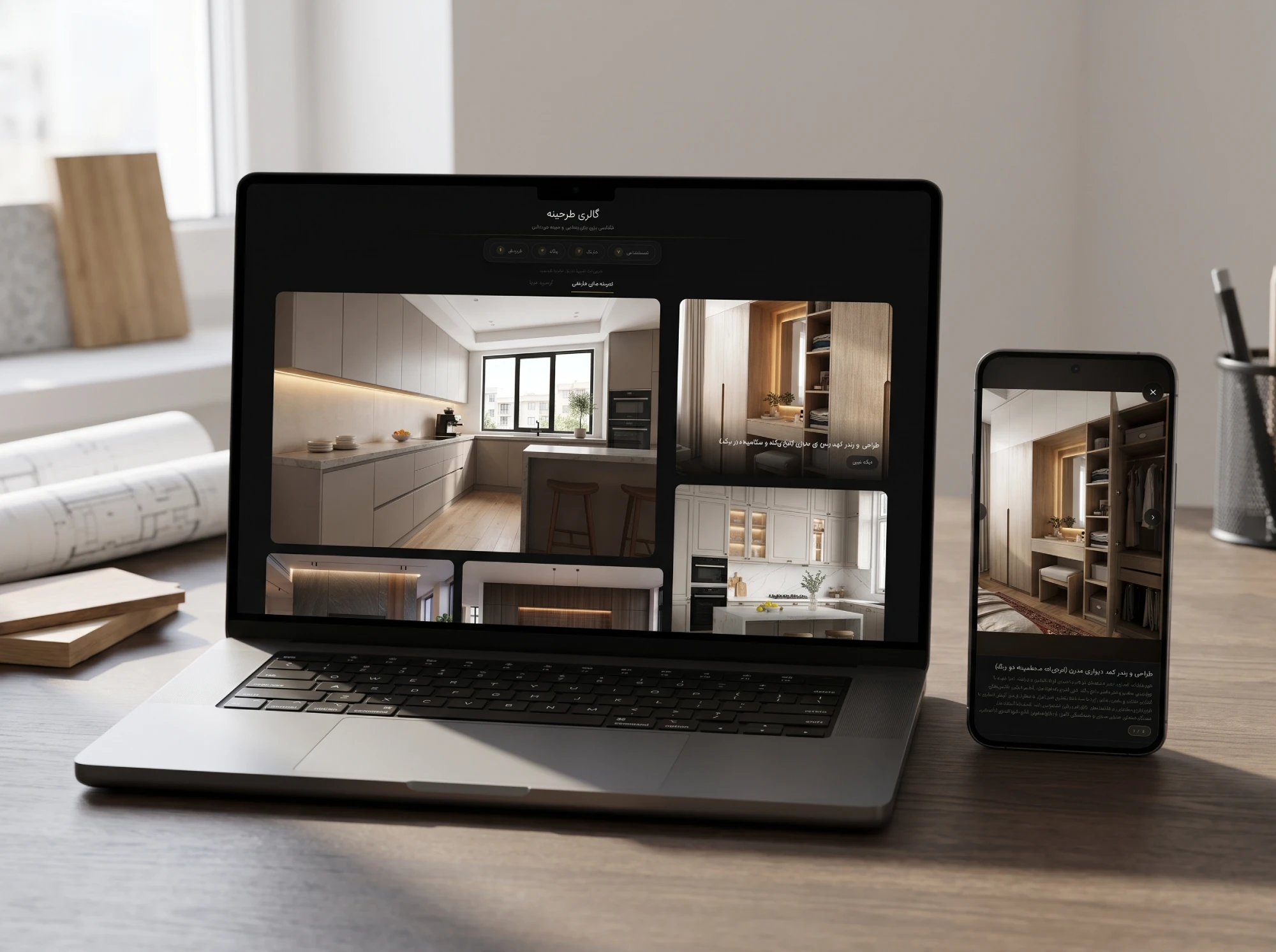 موکاپ ترکیبی لپ‌تاپ و موبایل از گالری و اسلایدشوی پروژه‌های ویترین اختصاصی ام دی اف کرج (Karaj MDF)